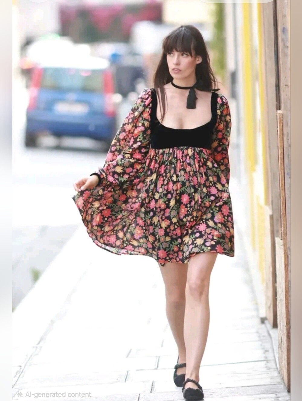 Free People Marsha Velvet Floral Babydoll Mini Dress Festival Coquette Retro. L